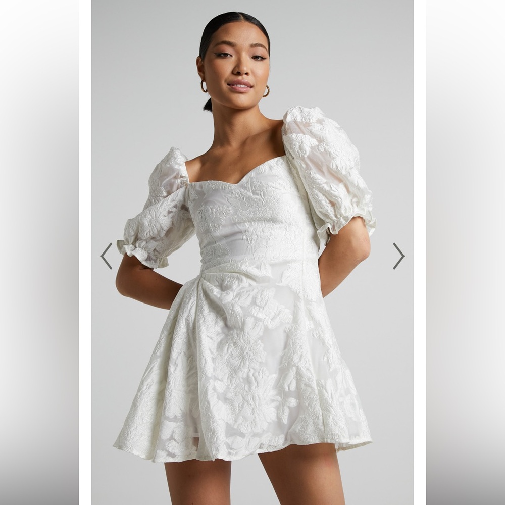 Showpo Brailey Mini Dress Puff Sleeve Fit and Flare Dress in White - AU14 I US10
